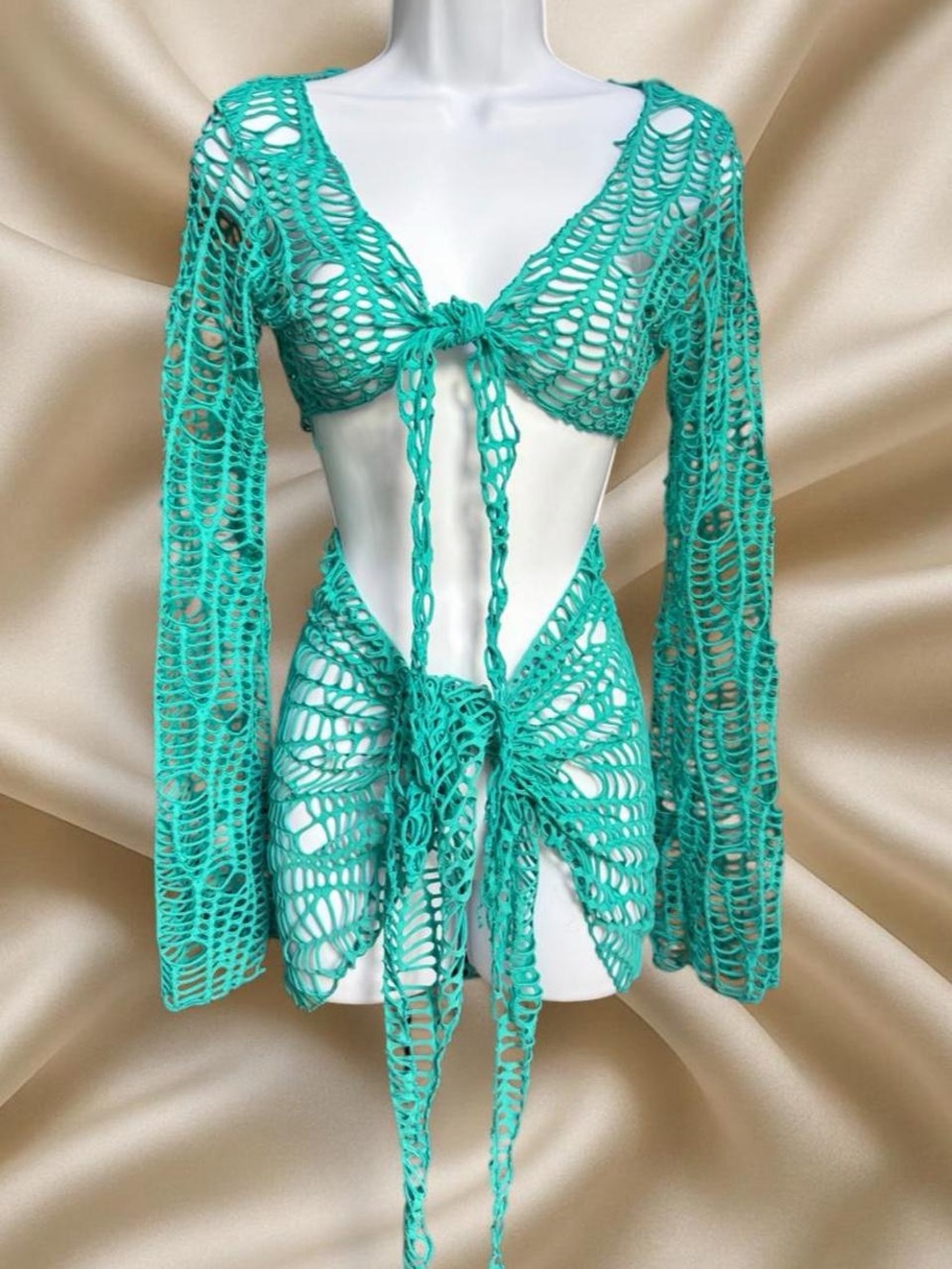 Y2K Turquoise Netted Two Piece Set Sheer Tie Front Crop Top Tie Mini Skirt